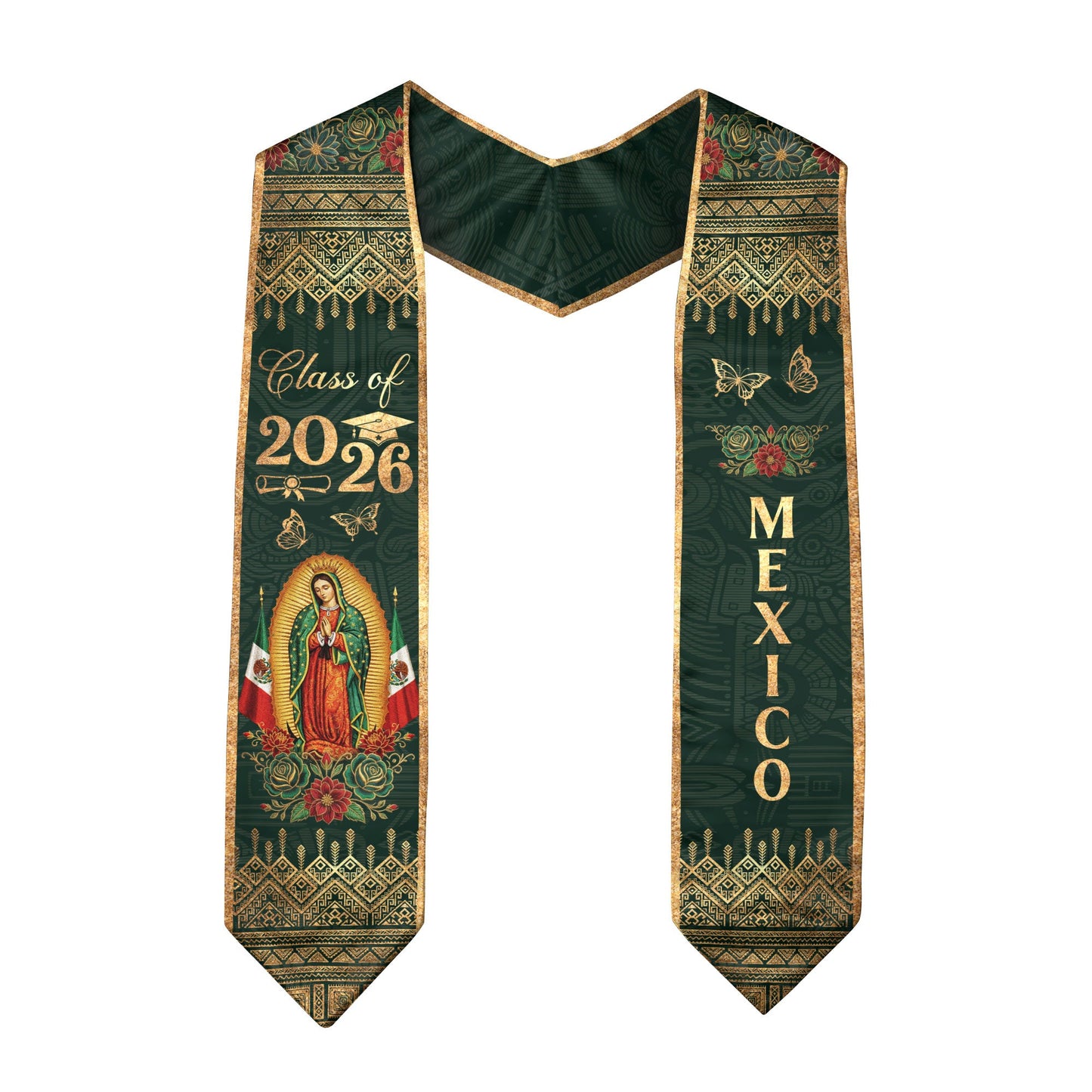 Mexico Roots Emerald Graduation Stole Virgen & Tradition Class of 2026