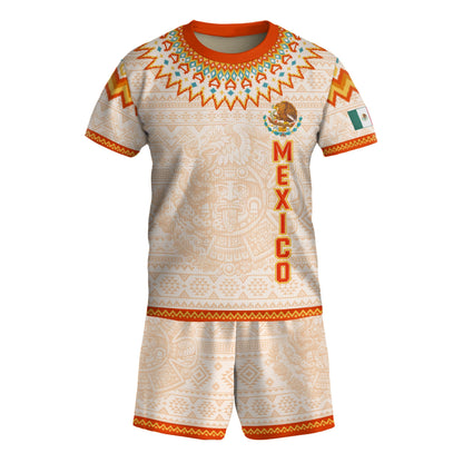 Beige Mexico Soccer Jersey Kids Set Aztec Calendar Mexican Youth Football Shirt Shorts