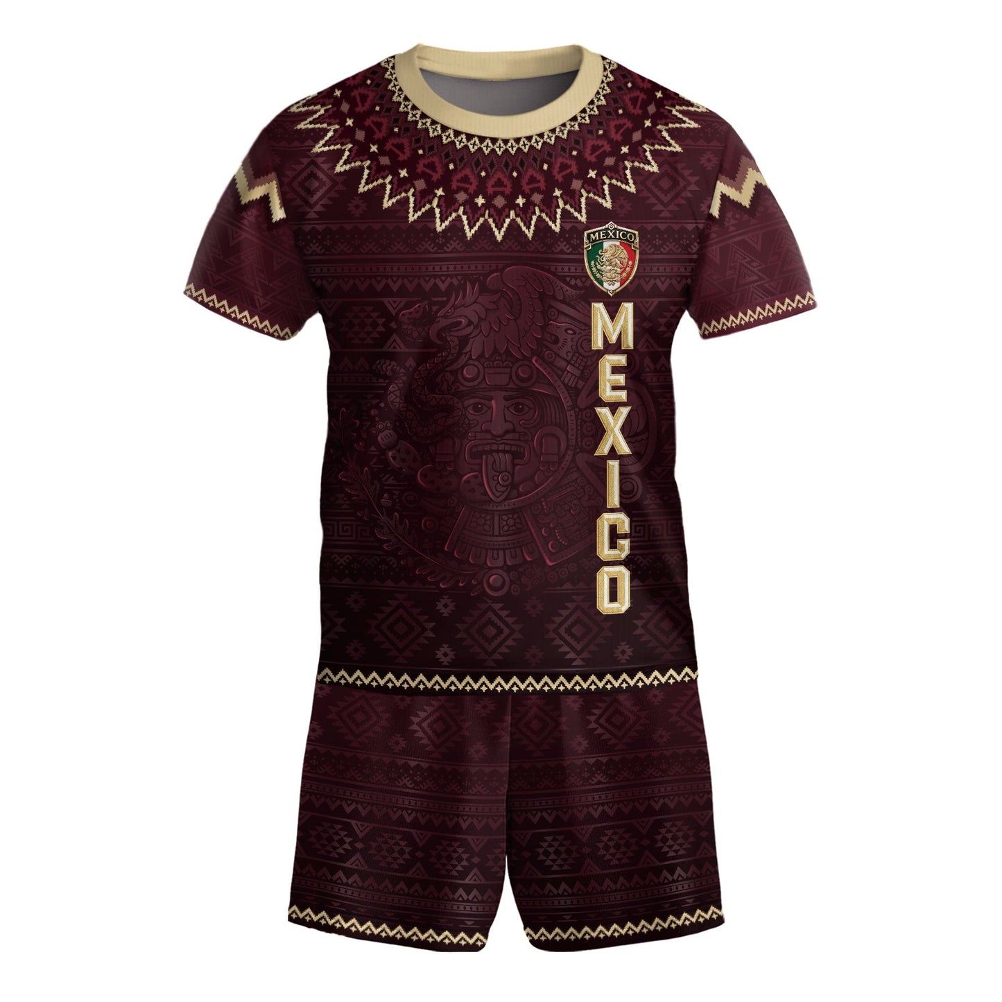 Mexico Soccer Jersey Kids Shorts Set Maroon Aztec Culture Youth Football Outfit Kit