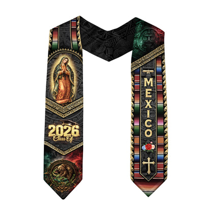 Mexican Graduation Stole Class of 2026 Aztec Virgin Mary Eagle Cross Serape Mexico Flag Sash