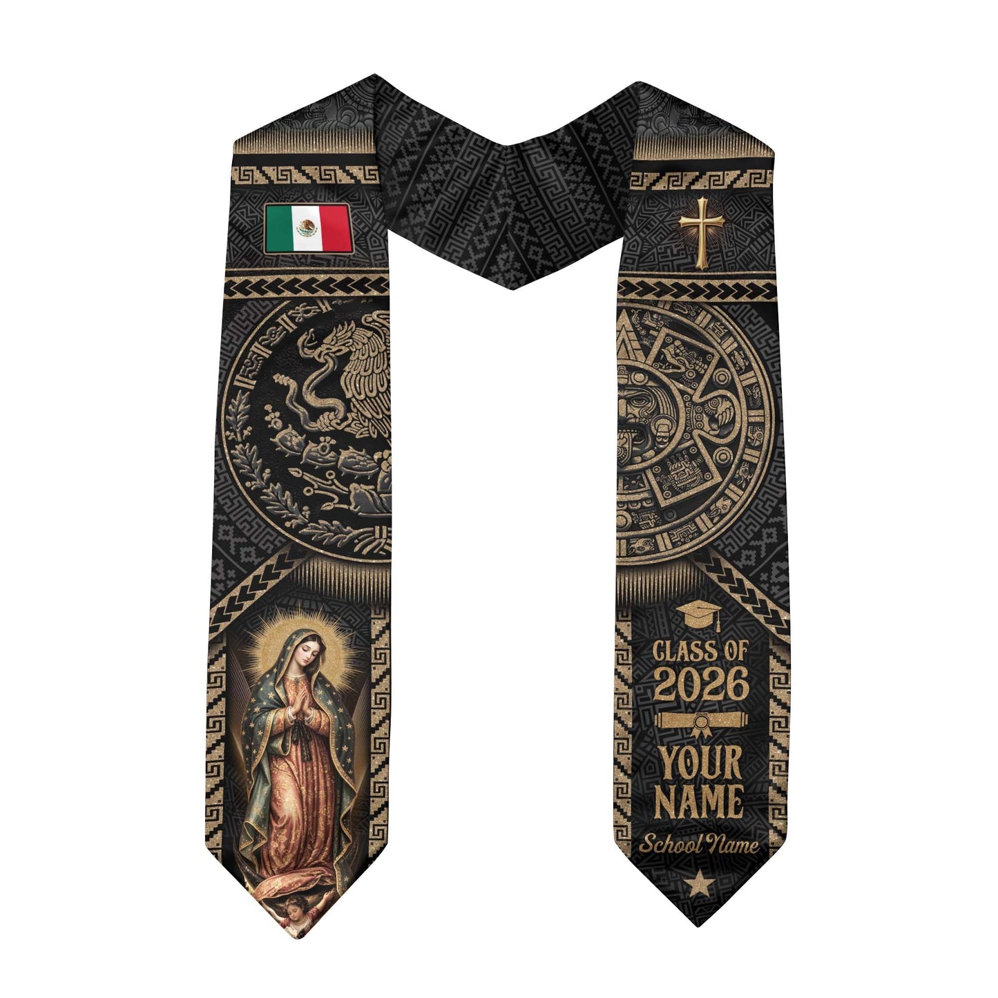 Personalized Mexican Graduation Stole - Class of 2026 Custom Name Gold Aztec Ethnic Sash