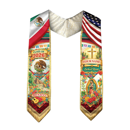 Custom Mexico Graduation Stole 2026 – Eagle Guadalupe USA Flag Serape Sash