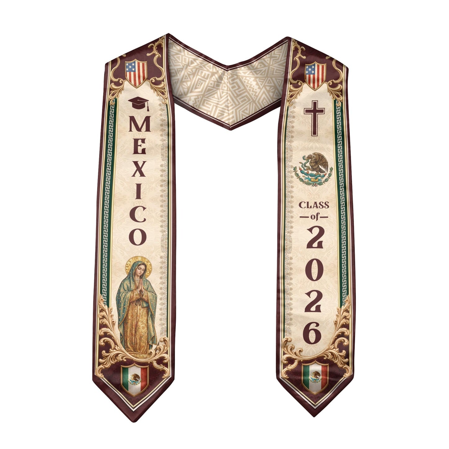 Mexico Graduation Stole 2026 Our Lady of Guadalupe Cross Catholic Classic Design