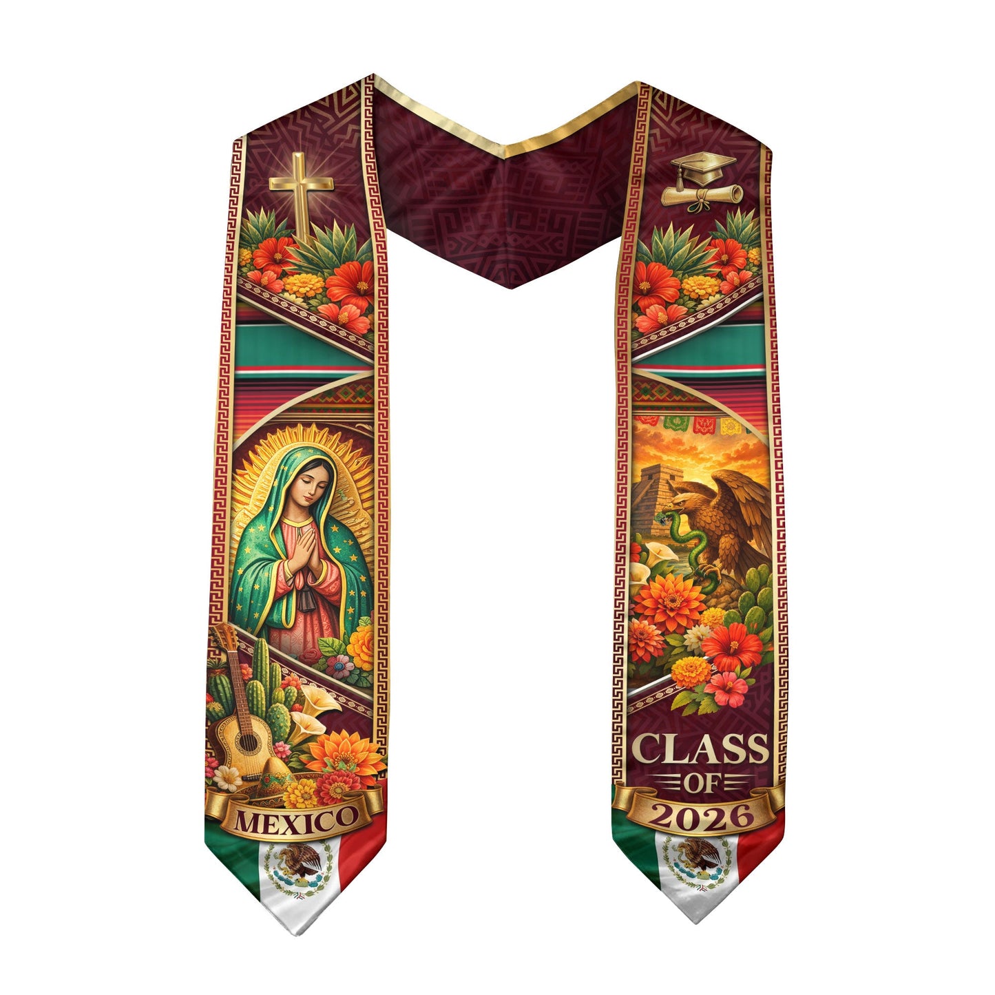 Mexico Graduation Stole 2026 Guadalupe Eagle Cross Floral Serape Sash Gift