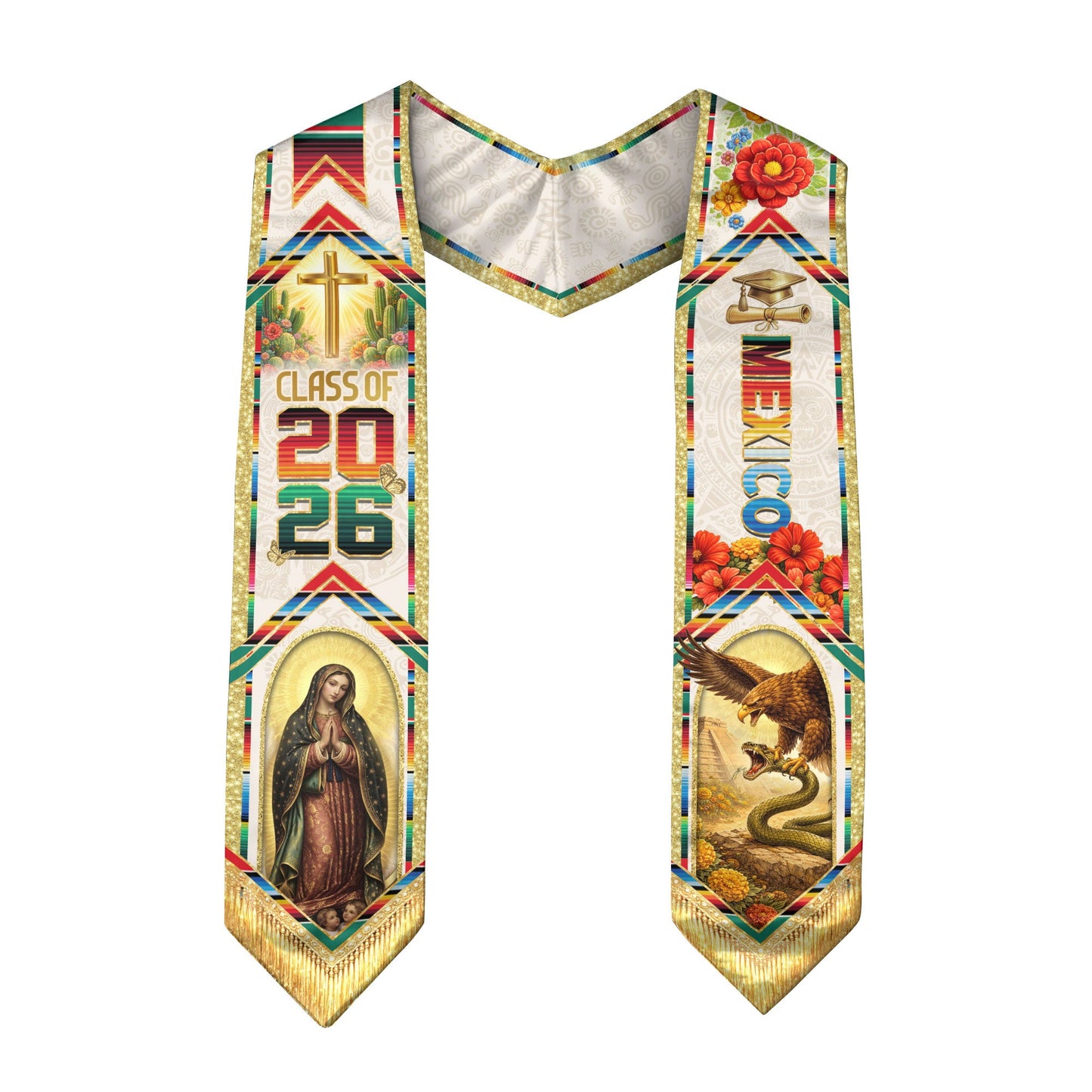 Mexican Graduation Stole 2026 Guadalupe Cross Eagle Snake Serape Sash
