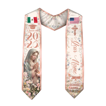 Custom Mexican American Graduation Stole 2026 Virgin Mary Floral Mexico USA Flag Sash