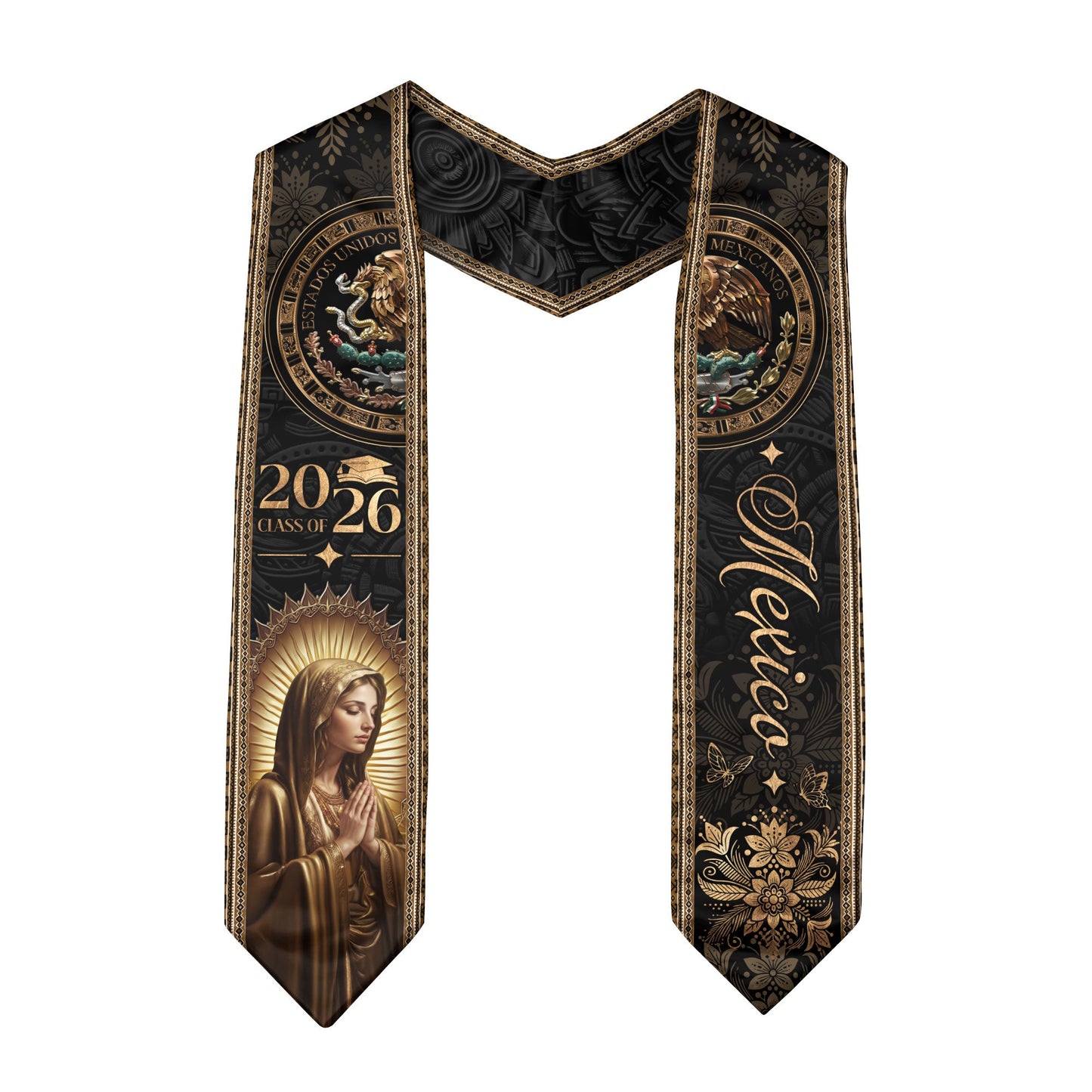 Mexico Graduation Stole Class of 2026 Virgin Mary Guadalupe Black Gold Gift Sash