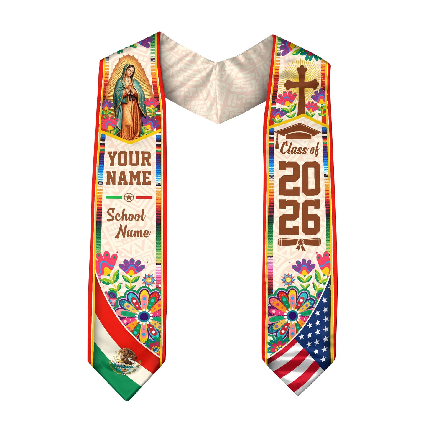 Mexican American Graduation Stole 2026 - Personalized Name Mexico USA Flag Sash
