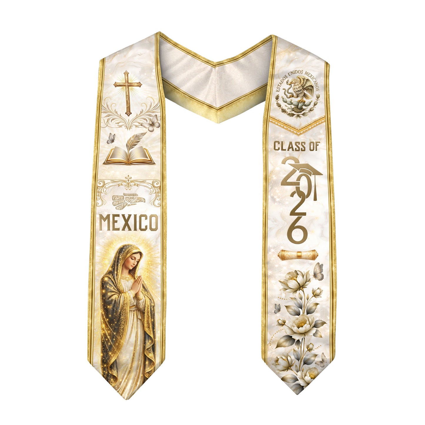 Class of 2026 Mexican Graduation Stole - Virgin Mary & Knowledge Gold Sash