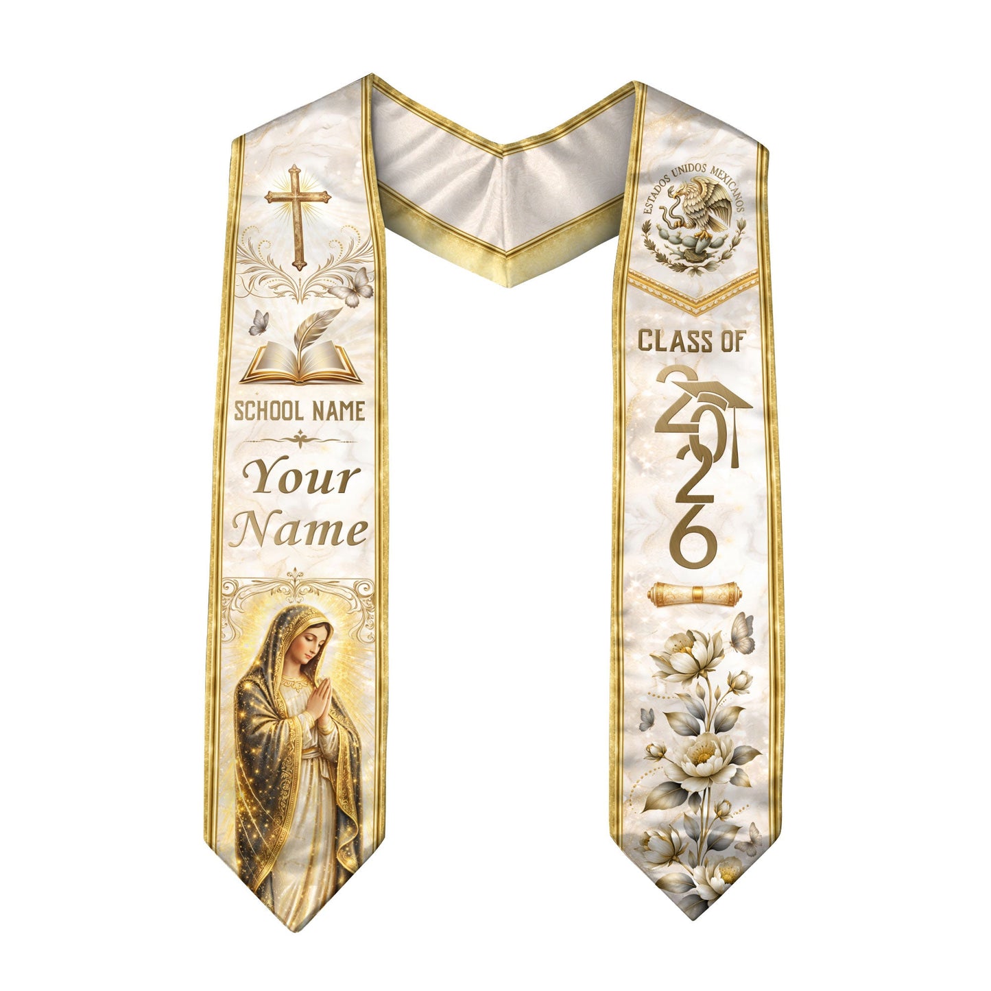 Custom Mexico Graduation Stole - Class of 2026 Mexican Heritage Stole Gold Cross