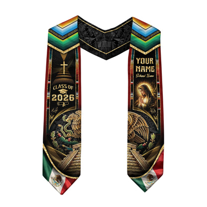 Mexican Graduation Stole 2026 – Virgin Mary, Eagle, Aztec Design, Name & School Personalized Sash