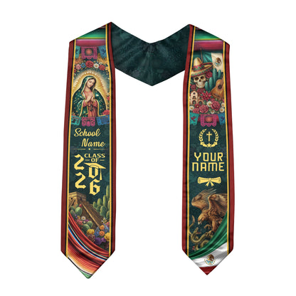 Custom Mexico Graduation Stole 2026 - Sugar Skull, Guitar & Guadalupe Heritage Sash