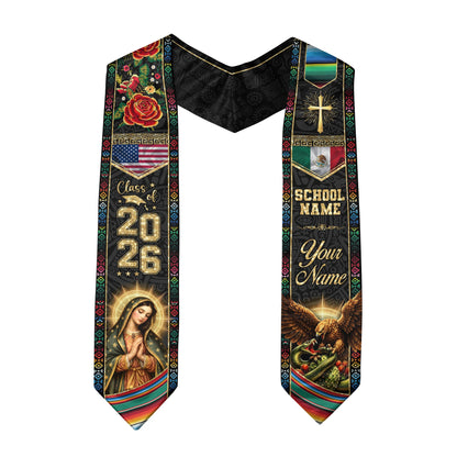 Custom Mexico Graduation Stole 2026 Eagle Snake Virgin Mary Mexican US Flag Serape Sash