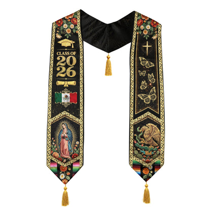 Class of 2026 Mexico Stole Aztec Eagle Virgin Guadalupe Butterfly Floral Tassel Sash
