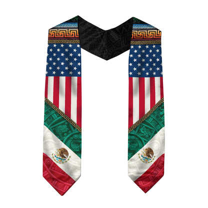 Mexico USA Flag Graduation Stole - Aztec Pattern Mexican American Heritage Sash