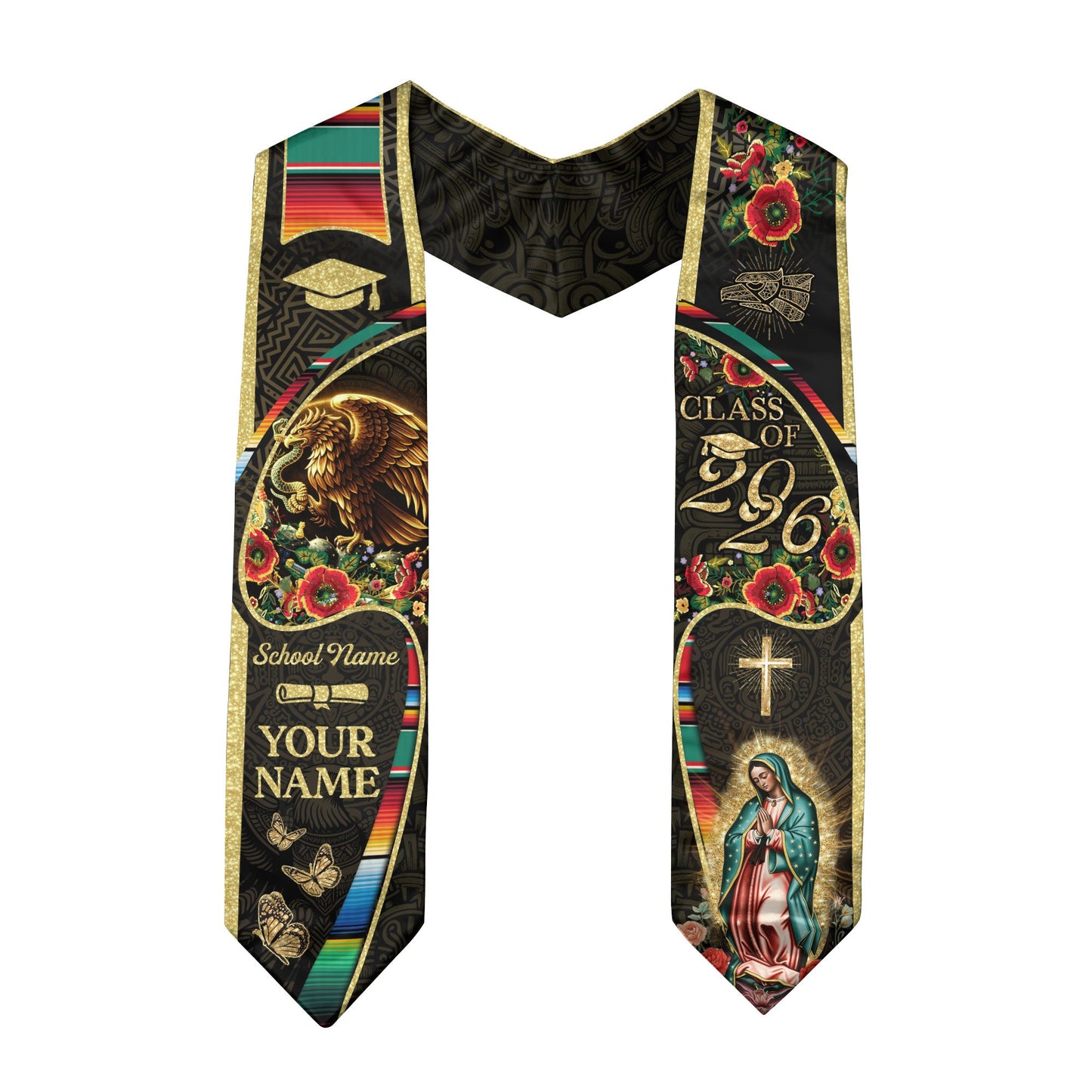Personalized Mexican Heritage Graduation Stole 2026 Virgin Mary Serape Butterfly Gold Sash
