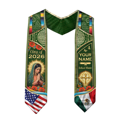 Custom Mexico USA Flag Graduation Stole 2026 Virgin Mary Heritage Sash
