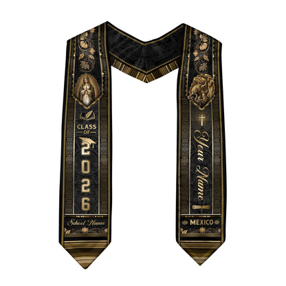 Mexico Graduation Stole Class of 2026 - Custom Name School Gold Black Sash