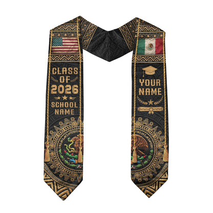 Custom Mexico USA Flag Graduation Stole 2026 Aztec Calendar Heritage Gold Sash