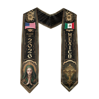 Mexico Graduation Stole Class of 2026 Virgin Mary Cross Gold Black Mexican USA Flag Sash