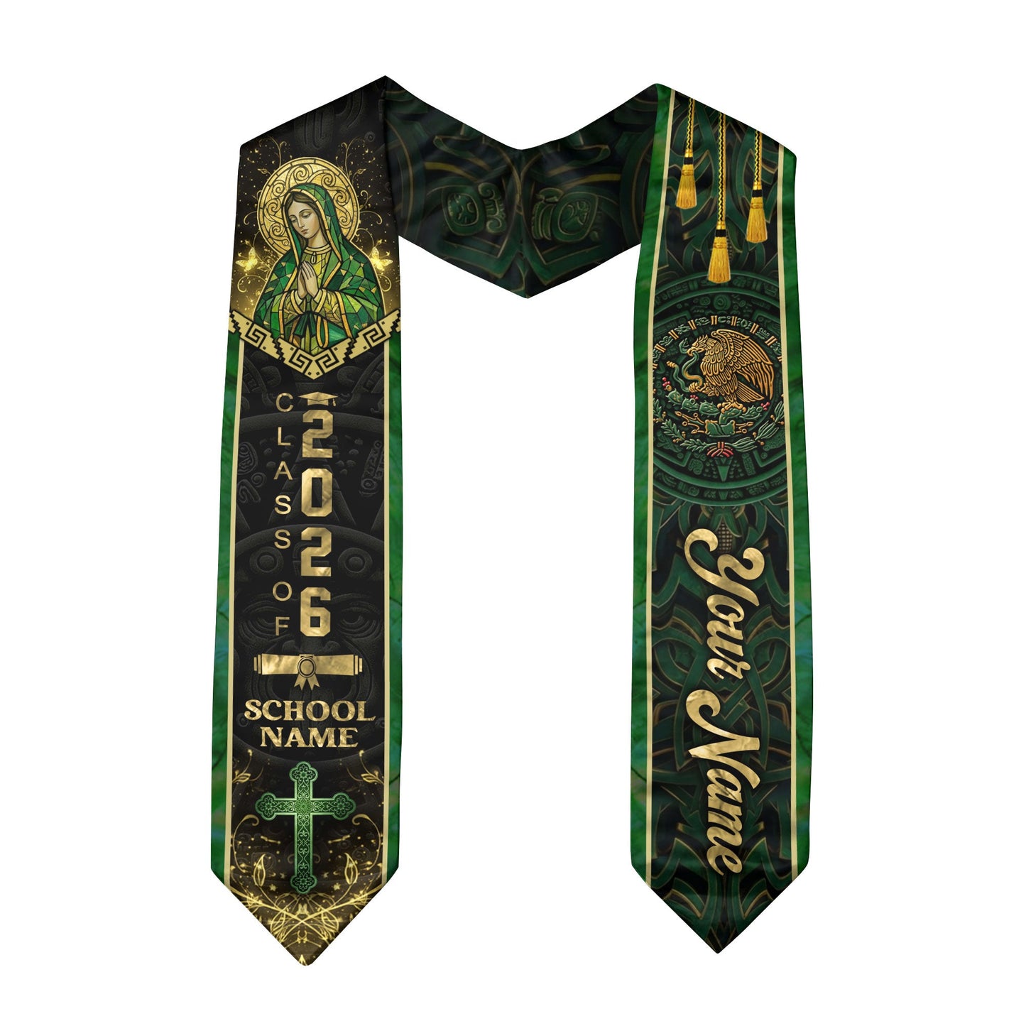 Mexican Heritage Graduation Stole 2026 - Custom Name Green Gold Virgin Mary Cross Sash