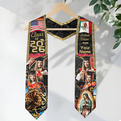 Custom Photo Mexican Stoles for Graduation 2026 Aztec Eagle & Virgin Mary USA Flag Sash
