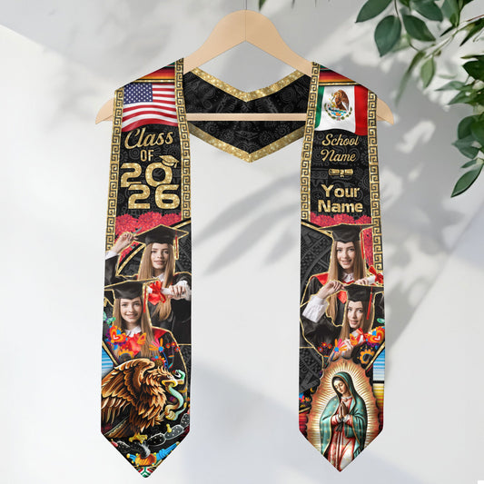 Custom Photo Mexican Stoles for Graduation 2026 Aztec Eagle & Virgin Mary USA Flag Sash