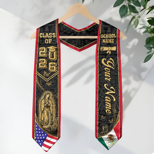 Custom Mexico Graduation Stole Class of 2026 Virgen de Guadalupe Butterfly Name Sash