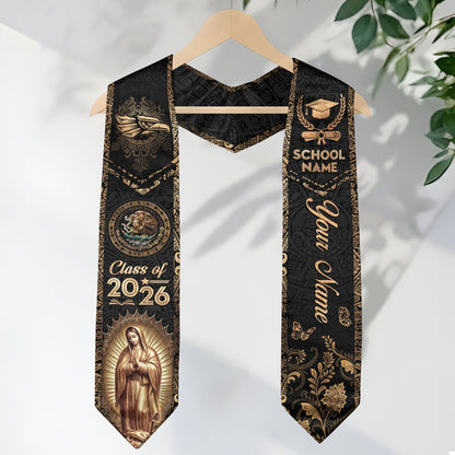 Mexican Graduation Stole 2026 Custom Mexico Sash Virgin Mary Cross Aztec Patterns