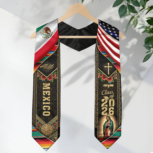 Mexico USA Graduation Stole Class of 2026, Virgin Mary & Eagle Heritage