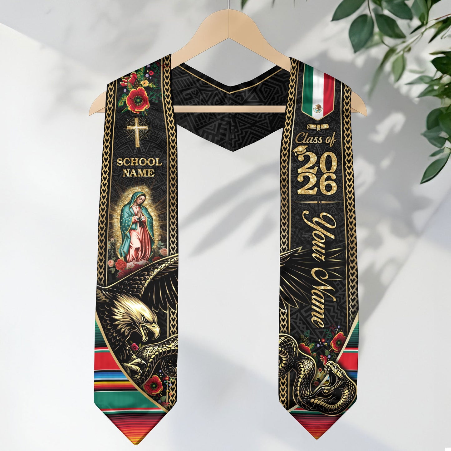 Custom Mexico Graduation Stole 2026 Virgin Mary Eagle Snake Catholic Mexican Heritage Sash
