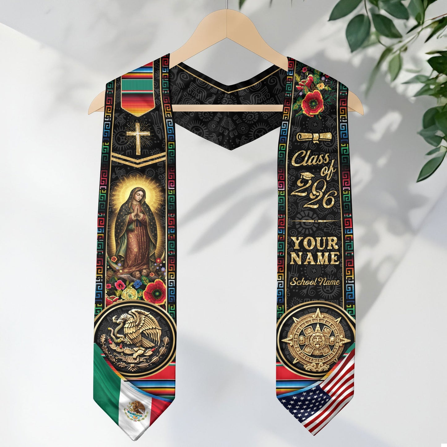 Custom Mexico USA Graduation Stole 2026 Virgin of Guadalupe Aztec Calendar Heritage Sash