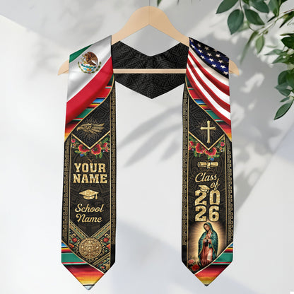 Custom Mexico USA Graduation Stole 2026 Virgin of Guadalupe Mexican American Heritage Sash