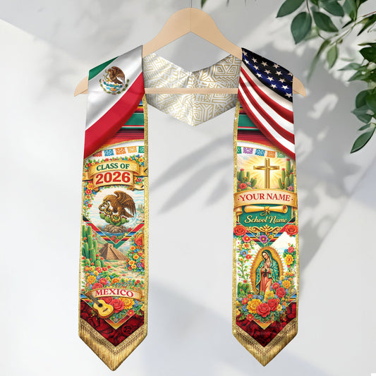 Custom Mexico Graduation Stole 2026 – Eagle Guadalupe USA Flag Serape Sash