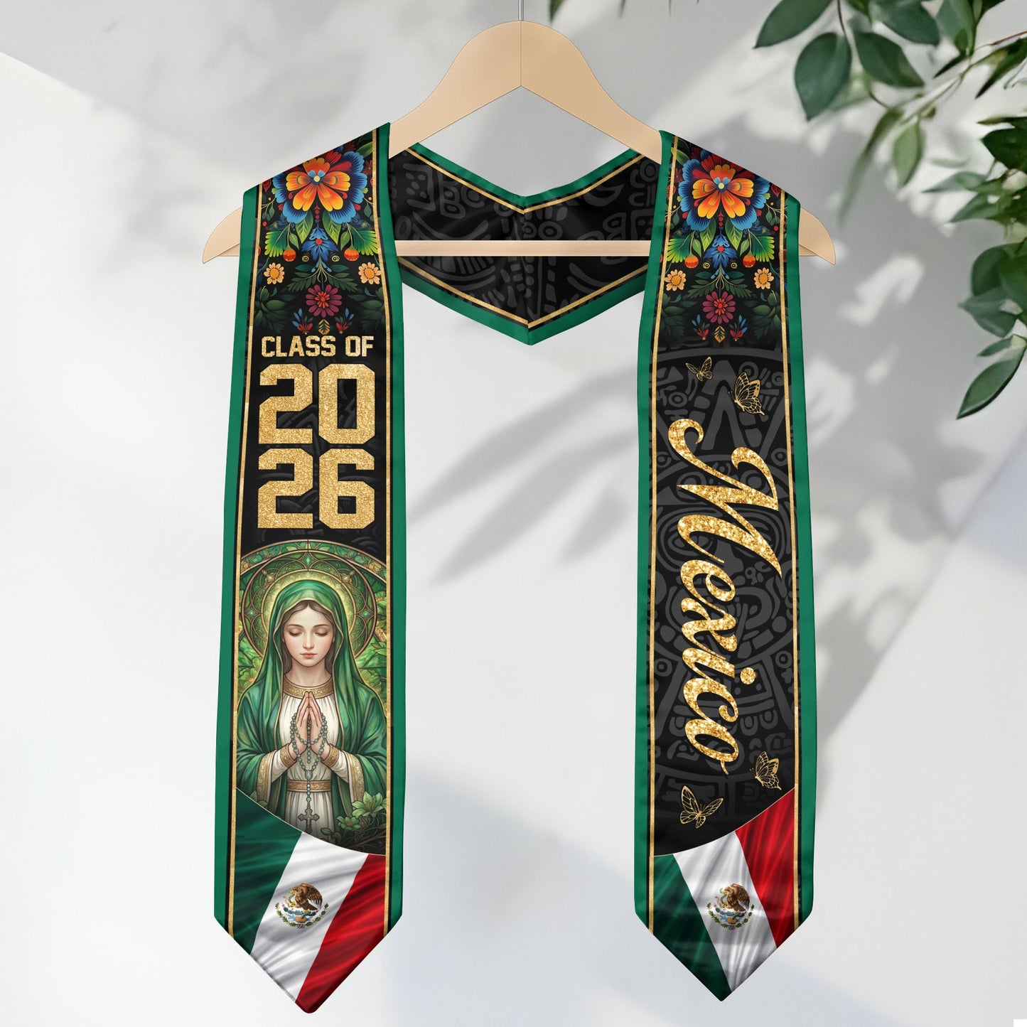Mexico Graduation Stole 2026 Virgin Mary Floral Green Heritage Sash Gift