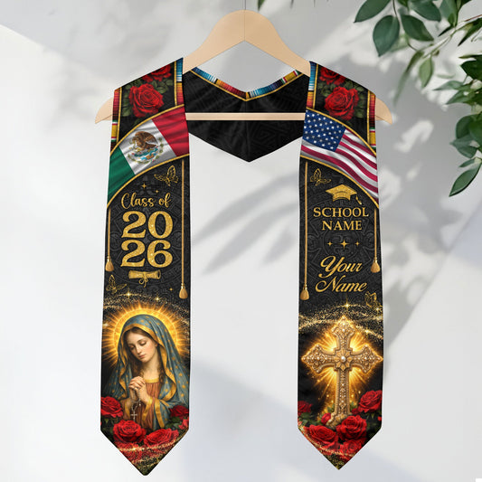 Custom Mexico Graduation Stole Class of 2026 Virgin Mary Cross Mexican Flag Sash