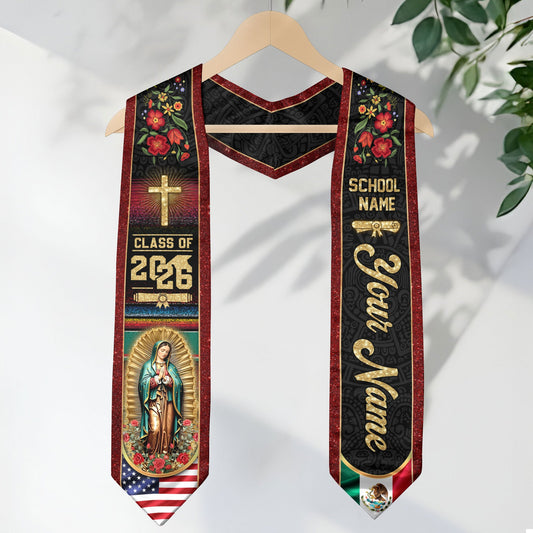Personalized Mexico US Flag Graduation Sash 2026 - Virgin Mary Floral Stole Gold
