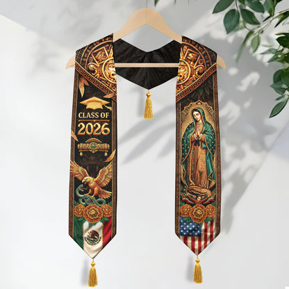 Class of 2026 Graduation Stole Mexico Flag Virgin Guadalupe Aztec Eagle Serape Tassel Sash