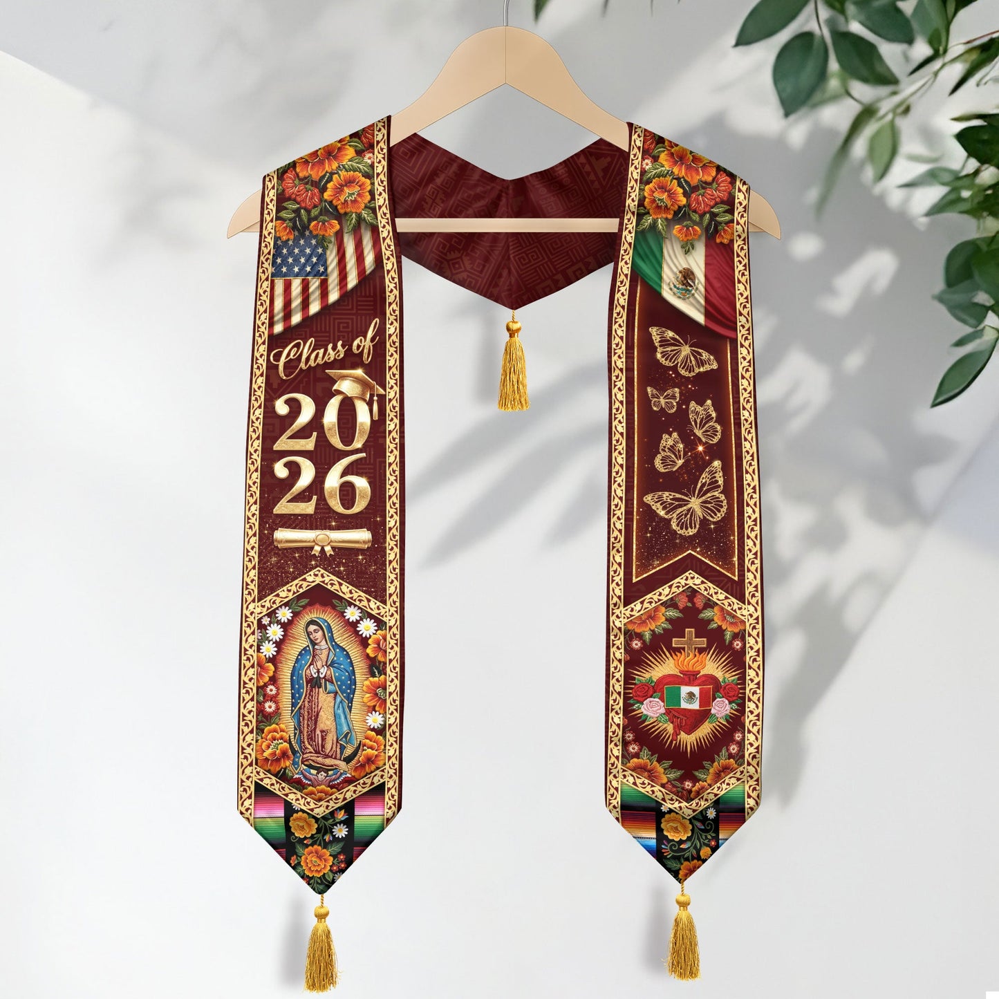 Mexico Stole Class of 2026 Butterfly Sacred Heart Virgin Guadalupe Floral Tassel Sash