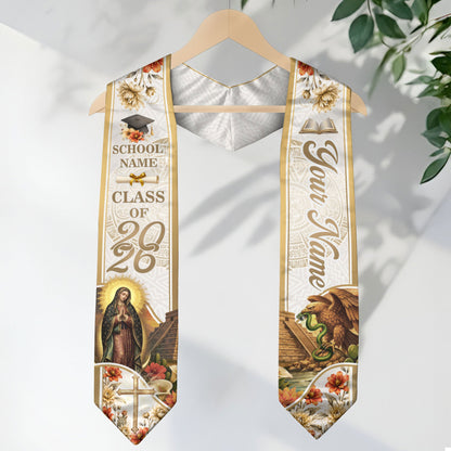 Virgin Mary Graduation Stole 2026 - Personalized Mexican Heritage Guadalupe Gold Sash