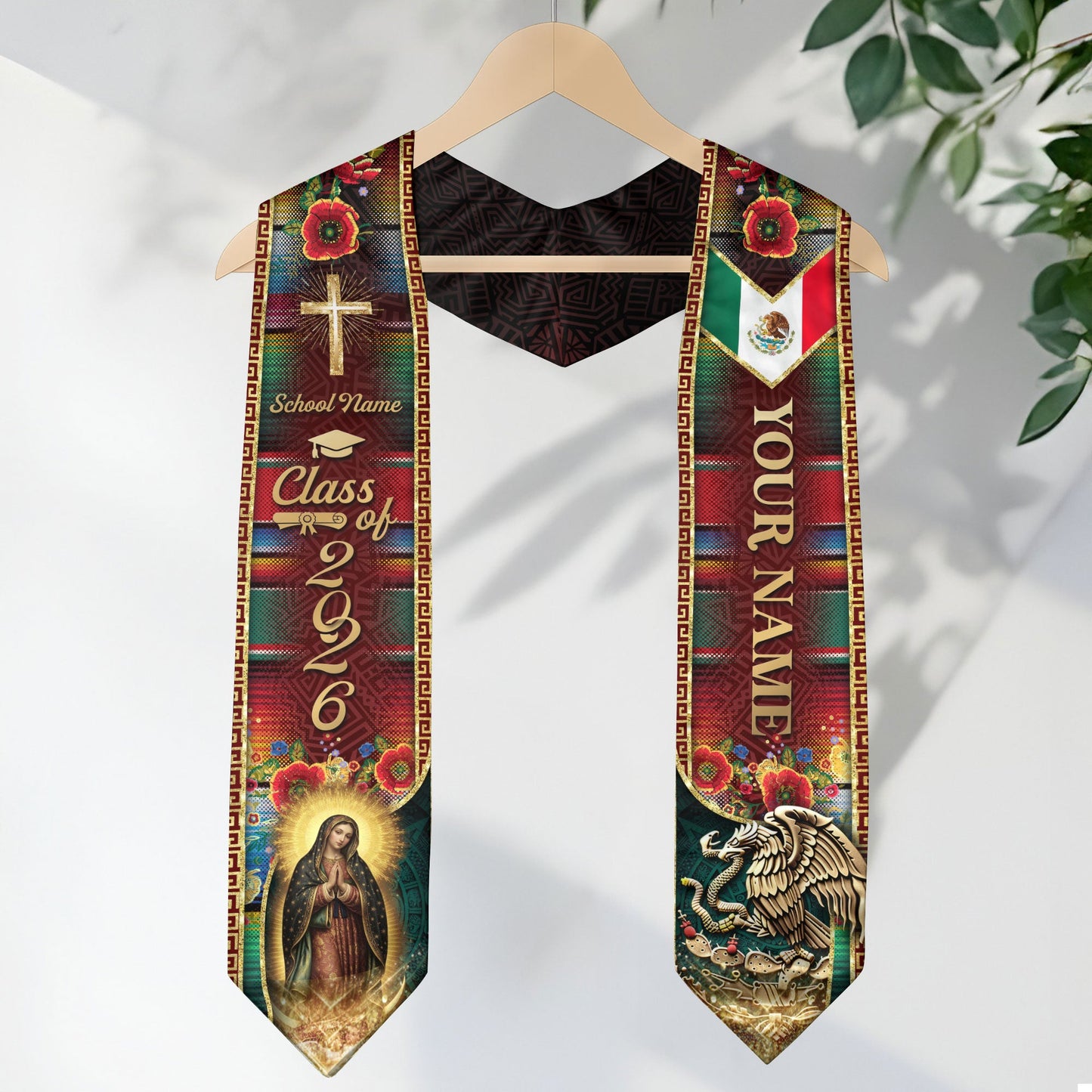 Custom Mexican Heritage Graduation Stole 2026 Virgin Mary Serape Eagle Sash