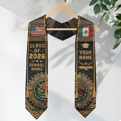 Custom Mexico USA Flag Graduation Stole 2026 Aztec Calendar Heritage Gold Sash