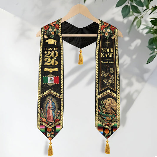 Custom Mexico Graduation Stole 2026 Tassels Virgin Mary Eagle Black Gold Sash