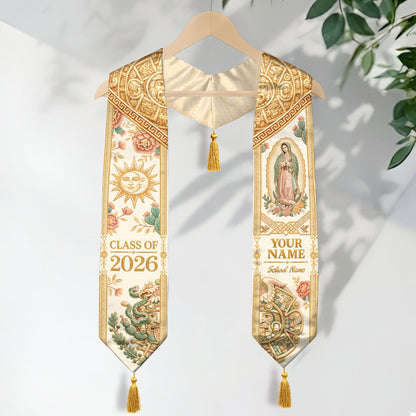 Custom Mexico Graduation Stole 2026 Tassels Virgin Mary Ivory Aztec Gold Sash