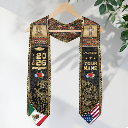 Mexico Graduation Stole 2026 Aztec Calendar Virgin Mary Personalized Sash Gift