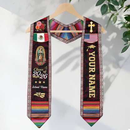 Mexico USA Flag Graduation Stole 2026 Custom Burgundy Guadalupe Mexican Sash