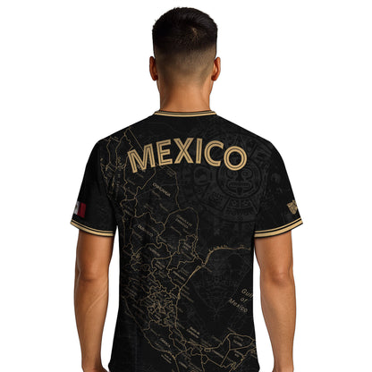 Mexico Black Heritage Map Soccer Jersey with Golden Aztec Accents