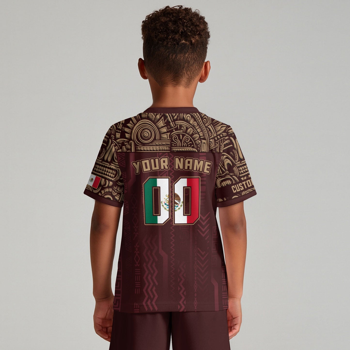 Custom Mexico Kids Soccer Jersey Red Aztec Warrior Style