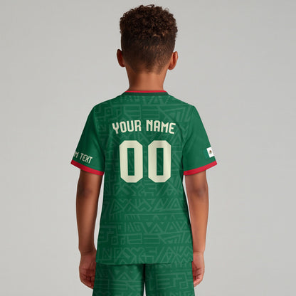 Custom Mexico Kids Soccer Jersey Green Red Aztec Eagle Serpent Design