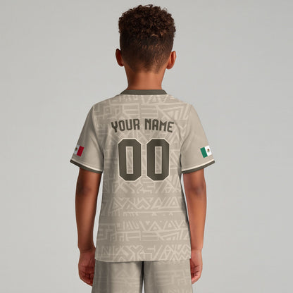 Custom Mexico Kids Soccer Jersey Beige Aztec Eagle & Serpent Heritage Design
